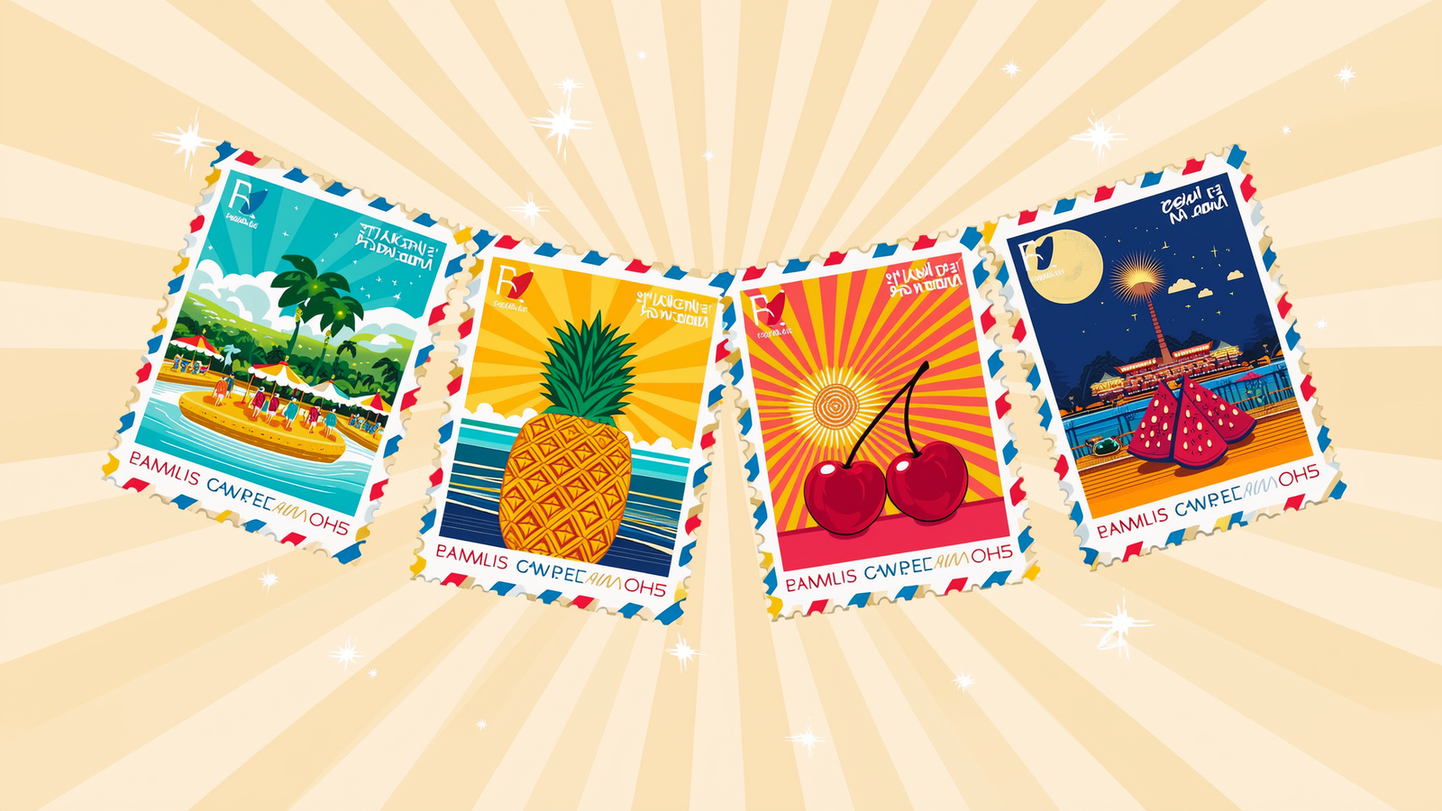 Four retro postage stamps styled as Orchard Airways boarding passes, each featuring a flavor fruit and a destination mood in tangerine, cherry, magenta, and aqua on cream.
