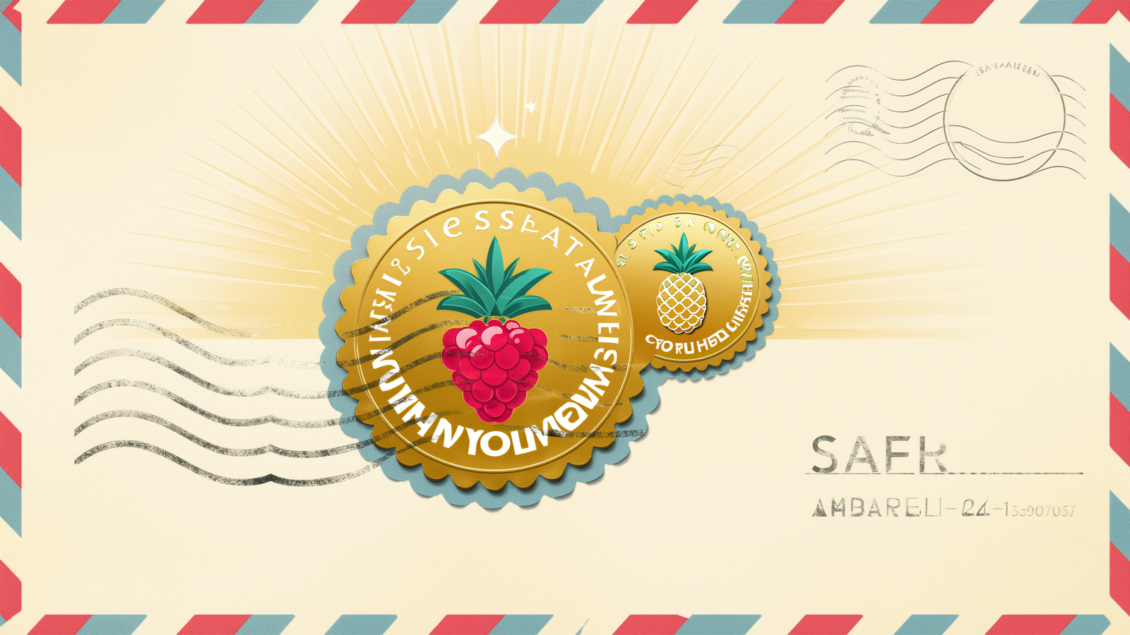 Retro travel award ribbon and fruit postage stamps celebrating Orchard's perfect 100 score at the Pr%f Awards 2025 Best of Show