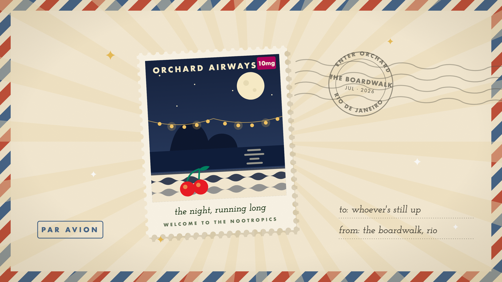 Retro travel stamp of a late night on the Rio boardwalk: moon over the sea, string lights, wave-mosaic promenade, and two cherries, in Orchard's navy and cream palette.