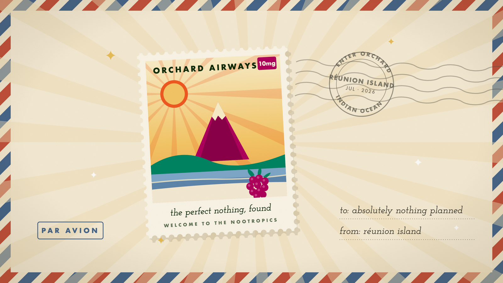 Retro travel stamp of Reunion Island's volcanic peak over an aqua lagoon, with a raspberry on the beach, in Orchard's marigold and cream palette.