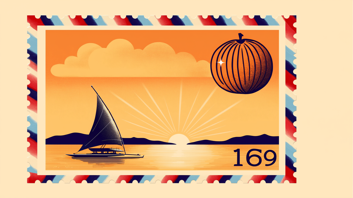 Vintage airmail-style illustration of a paraw sailboat at golden hour in Boracay, Philippines, framed as a destination postage stamp in tangerine and sky blue.