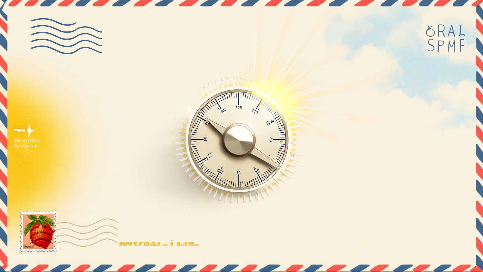Retro-style altitude dial marked in 1mg THC increments on a warm marigold and sky-blue airmail background