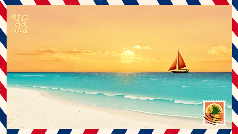 Retro travel poster of a Boracay paraw sailboat at sunrise on turquoise water, marigold and aqua tones with airmail border accents.