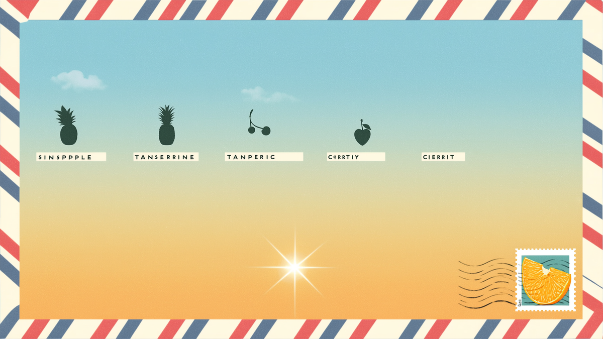 Vintage airline departure board with fruit icons on a sunrise tangerine-to-sky-blue gradient, airmail border and tangerine stamp accent.
