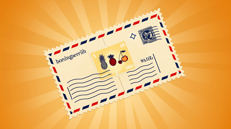 Retro airmail boarding pass ticket stub with four fruit postage stamps and sunbeam rays in tangerine, cherry red, and cream