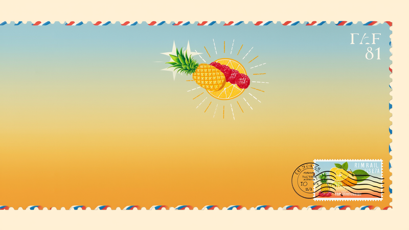 Stylized sunrise made of layered fruit segments rising over a cream background with airmail border stripes and a sparkle accent
