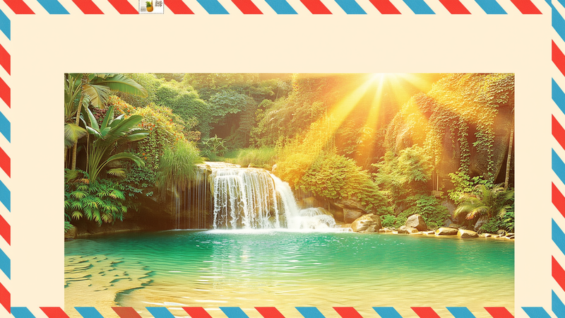 Retro travel poster of a tropical jungle waterfall pool with golden sunbeams, airmail border stripes, and a pineapple postage stamp accent in Orchard's marigold and aqua palette.