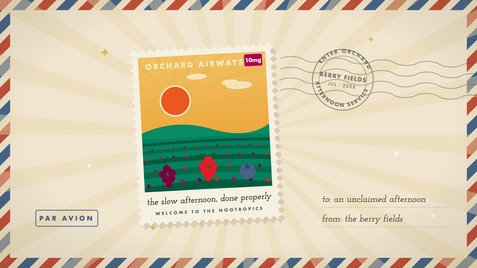 Retro travel stamp of berry-field rows in low afternoon light with a wild berry cluster, in Orchard's marigold and cream palette