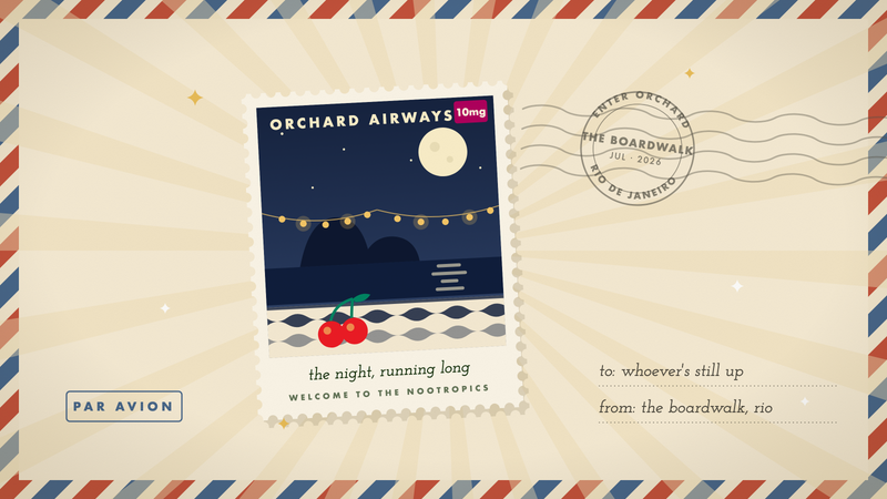 Retro travel stamp of a late night on the Rio boardwalk: moon over the sea, string lights, wave-mosaic promenade, and two cherries, in Orchard's navy and cream palette.