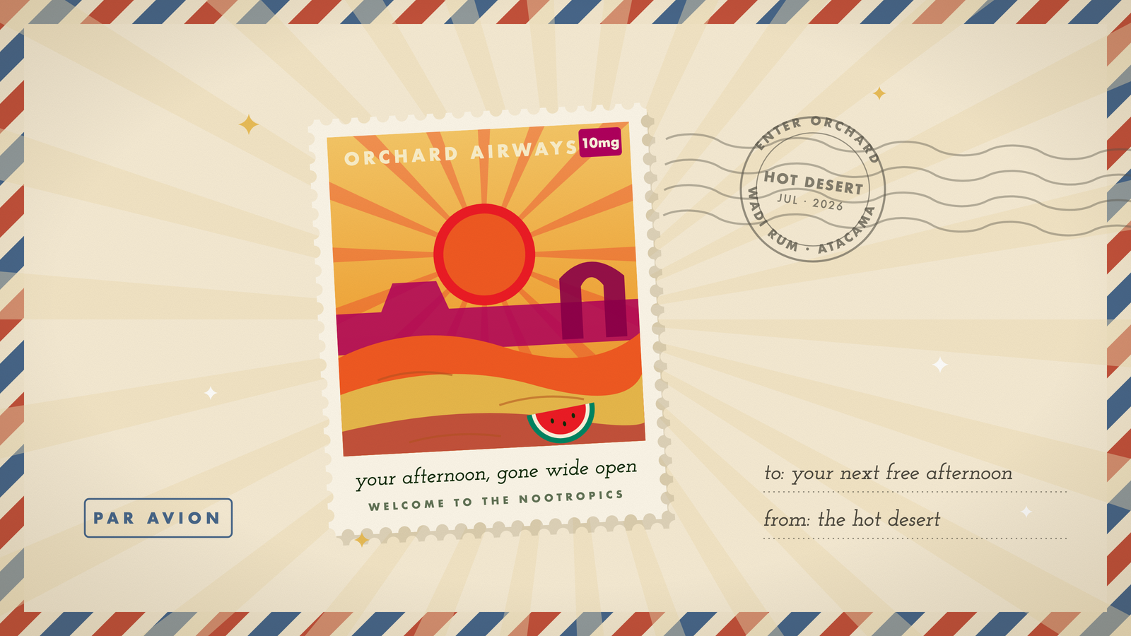 Retro travel stamp of a hot desert with a big sun, rock arch, dunes, and a watermelon slice in Orchard's marigold and cream palette