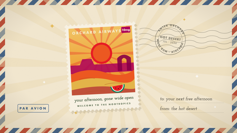 Retro travel stamp of a hot desert with a big sun, rock arch, dunes, and a watermelon slice in Orchard's marigold and cream palette
