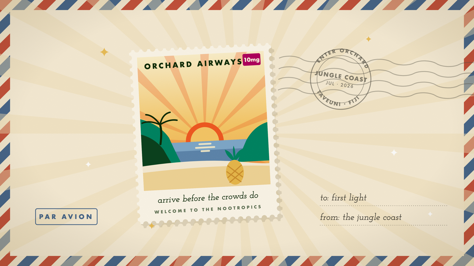 Retro travel stamp of first light over the Jungle Coast of Taveuni: palm headlands, sunrise on the sea, and a pineapple on the sand, in Orchard's marigold and cream palette.