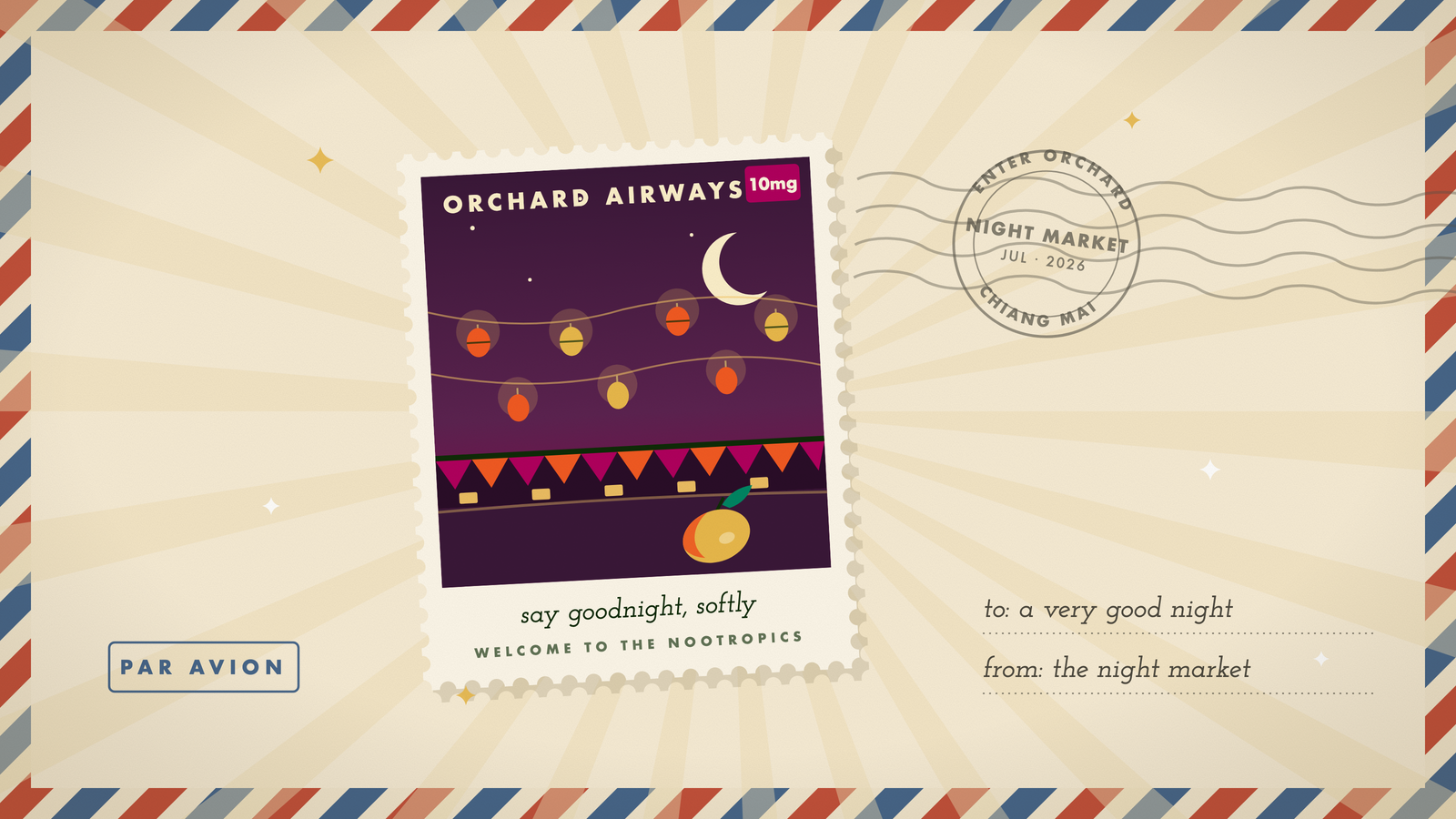 Retro travel stamp of the Chiang Mai night market: crescent moon, paper lanterns, stall canopies, and a mango, in Orchard's marigold and plum palette.