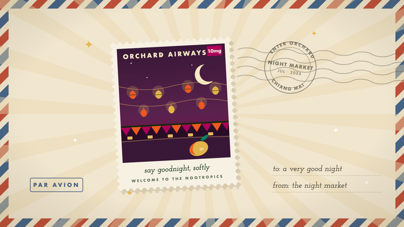 Retro travel stamp of the Chiang Mai night market: crescent moon, paper lanterns, stall canopies, and a mango, in Orchard's marigold and plum palette.