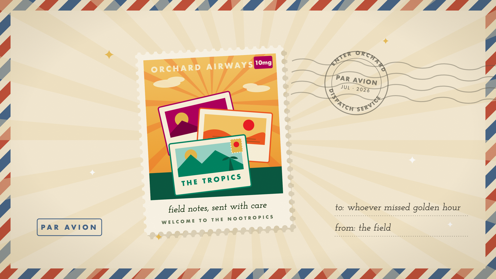Retro airmail stamp of fanned travel postcards from Orchard's destinations in marigold, cherry, and green on cream