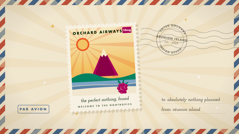 Retro travel stamp of Reunion Island's volcanic peak over an aqua lagoon, with a raspberry on the beach, in Orchard's marigold and cream palette.