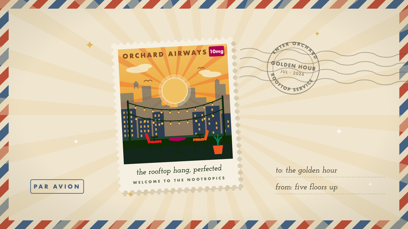 Retro travel stamp of a golden-hour rooftop: low sun over a city skyline, string lights and two lounge chairs on a terrace, in Orchard's marigold and cream palette.