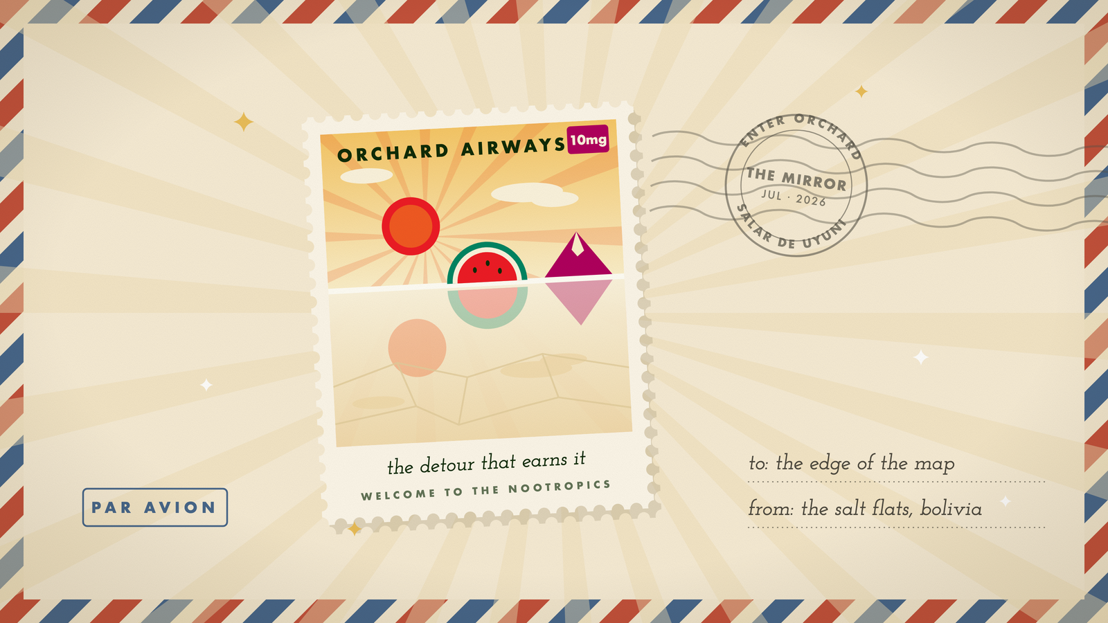 Retro travel stamp of the Salar de Uyuni mirror: sun, peak, and a watermelon slice doubled in the salt-flat reflection, in Orchard's marigold and cream palette.