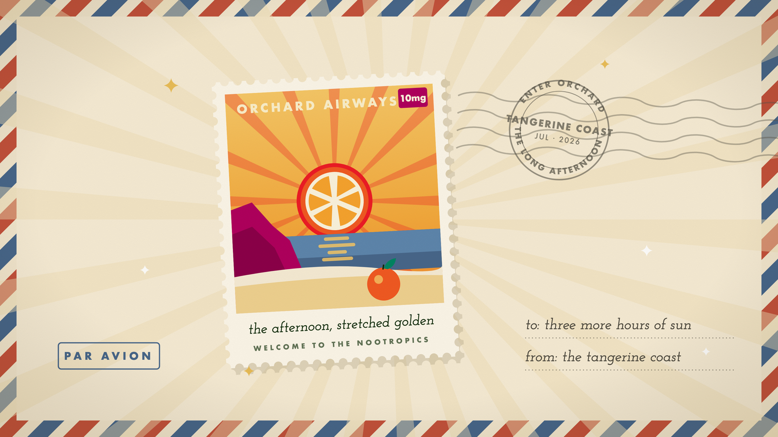 Retro travel stamp of a tangerine-slice sun setting over the sea on the Tangerine Coast, in Orchard's marigold and cream palette.