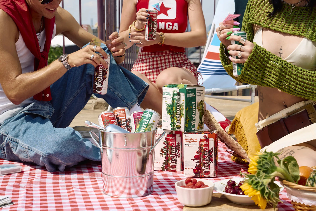friends at a rooftop picnic with orchard cans